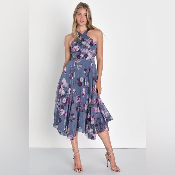 Lulus Dresses & Skirts - Precious Attitude Slate Blue Floral Handkerchief Midi Dress Size L NWT